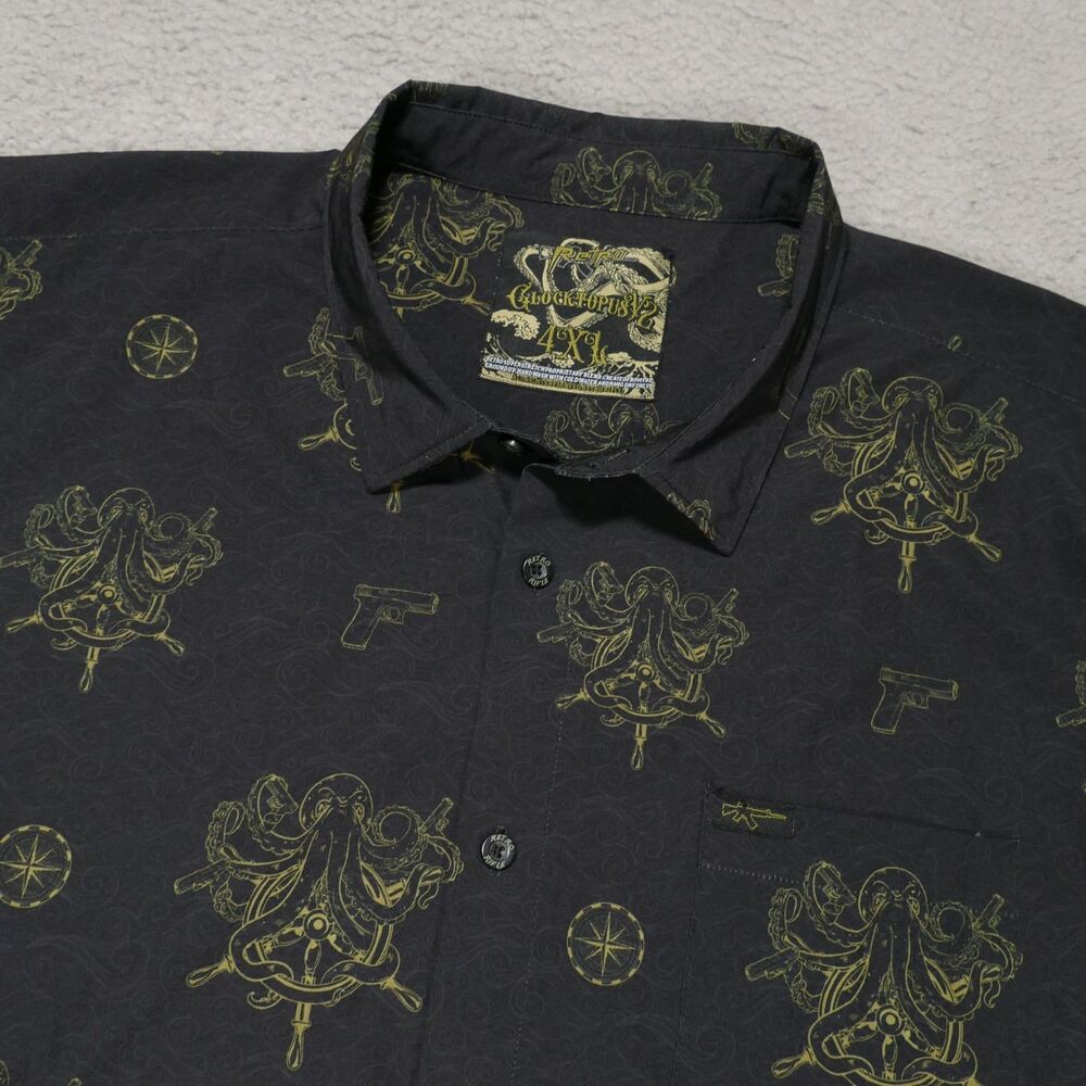 Retro Rifle Shirt Mens 4XL Black Button Up Short Sleeve